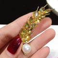 Eosunjian Women Fashion Brooch Pin Faux Pearl Shiny Rhinestone Inlay Golden Wheat Brooch Elegant Alloy Badge Handbag Sweater Suit Shawl Decoration Clothing Accessories Party Wedding Jewelry Gift