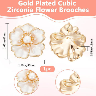 1Pc Flower Brass Cubic Zirconia Brooches with Plastic Pearl Bead Golden 42x43x13mm