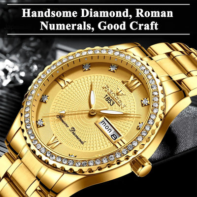 BKSDUEH Classic Diamond Gold Watches for Men, Stainless Steel Waterproof Dress Watch, Quartz Analog Wristwatch for Men