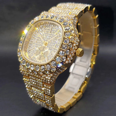 Gold Watch For Men Diamond Iced Out Hip Hop Stylish Quartz Watches For Male Double Dial Waterproof Wristwatches Summer In