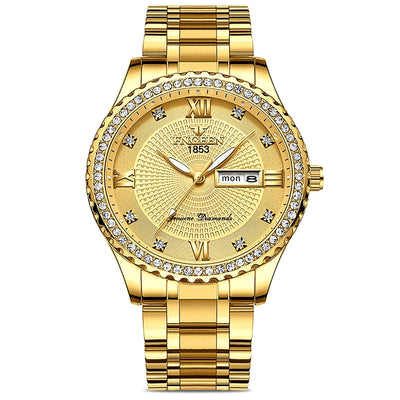 DISEN Classic Diamond Gold Watches for Men, Stainless Steel Waterproof Dress Watch, Men's Quartz Analog Wristwatch