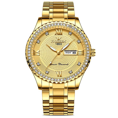 BKSDUEH Classic Diamond Gold Watches for Men, Stainless Steel Waterproof Dress Watch, Quartz Analog Wristwatch for Men