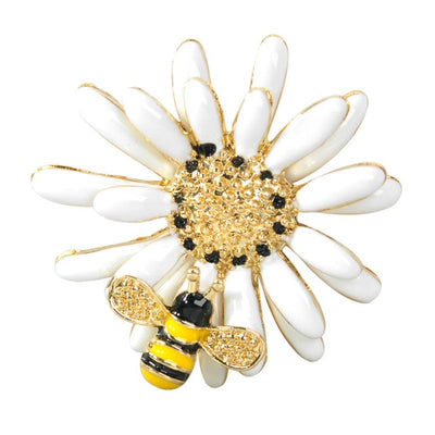 Gyn&Joy Golden Tone White Yellow Painted Enamel Bee Daisy Flower Collar Brooch Pin For Women