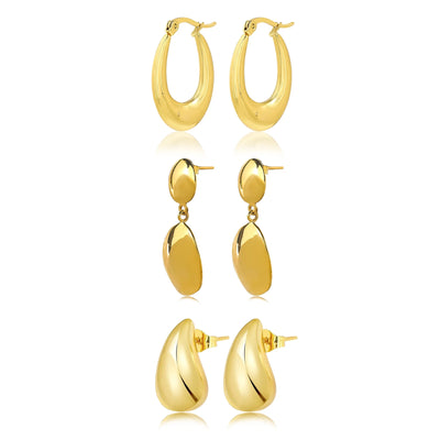 JeenMata Hoop Chunky Drop Golden, Earrings, Stainless Steel, 3 Count