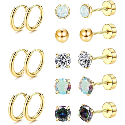 Set of 8 pairs Stainless Steel Stud Ring Men's and Women's Small Opal Ball CZ Surgical Steel Flat Back Earrings Earrings， Golden