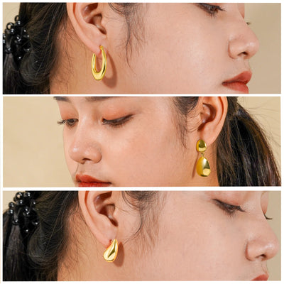 JeenMata Hoop Chunky Drop Golden, Earrings, Stainless Steel, 3 Count