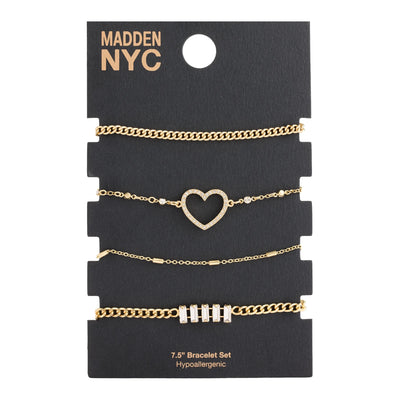 Madden NYC Women's Fashion Gold Tone Pavé Heart Mixed Bracelet Set, 4-Piece