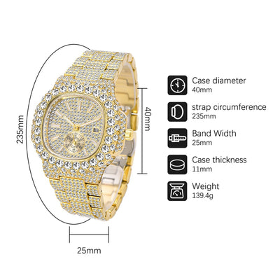 Gold Watch For Men Diamond Iced Out Hip Hop Stylish Quartz Watches For Male Double Dial Waterproof Wristwatches Summer In