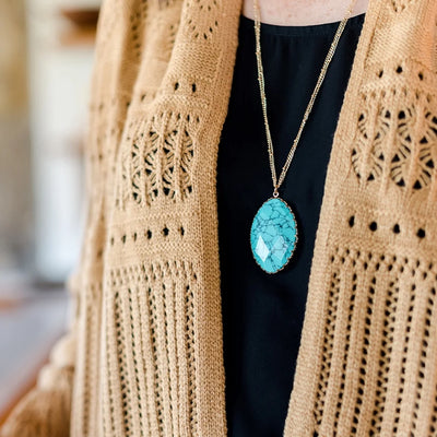 The Pioneer Woman Turquoise Stone and Gold Long Pendant Necklace