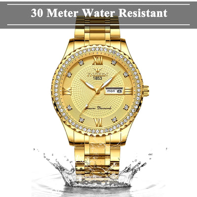 SUWU Classic Diamond Gold Watches for Men, Stainless Steel Waterproof Dress Watch, Men's Quartz Analog Wristwatch